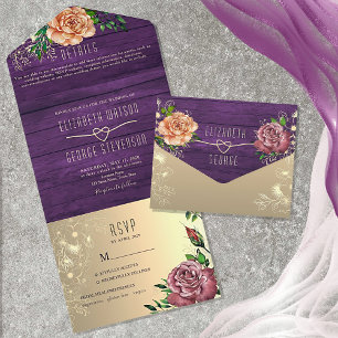 Rustic Wood Purple Floral Wedding All In One Invitation