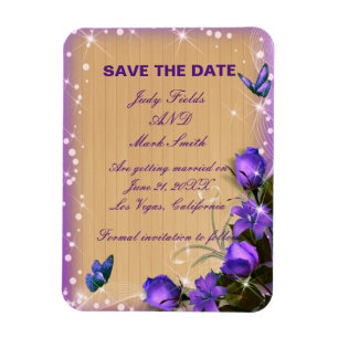Rustic Wood Purple Floral Wedding Save The Date Magnet