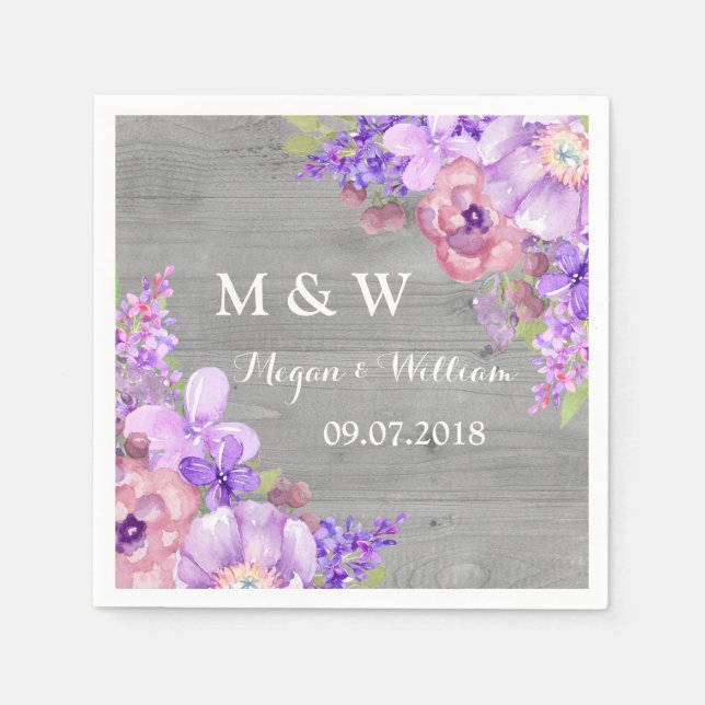 Rustic Wood Purple Flowers Wedding Monogram Napkin (Front)