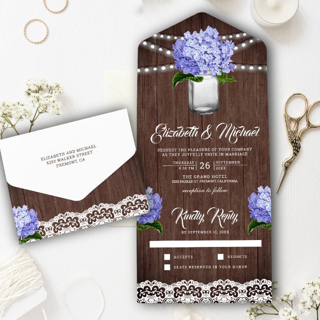 Rustic Wood Purple Hydrangea Mason Jar Wedding All In One Invitation (Creator Uploaded)