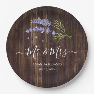 Rustic Wood Purple Lavender Mr and Mrs Wedding Paper Plate