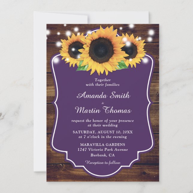 Rustic Wood Purple Sunflower Wedding Invitation (Front)