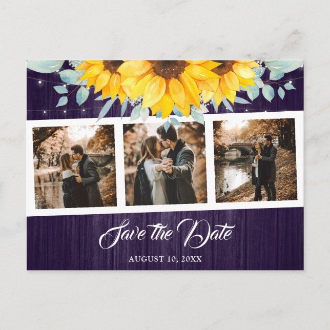 Rustic Wood Purple Sunflower Wedding Photo Collage Announcement Postcard (Front)