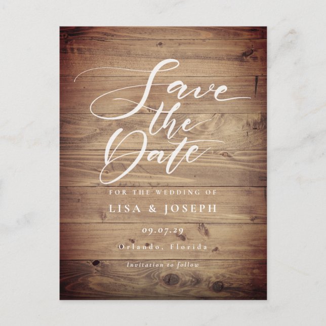 Rustic Wood QR Code Script Wedding Save the Date Postcard (Front)