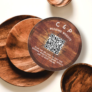 Rustic Wood QR Code Wedding Custom Monogram Round Holiday Card