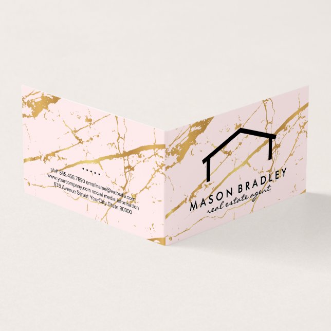 Rustic Wood / Real Estate | Pink Gold Marble Business Card (Outside)