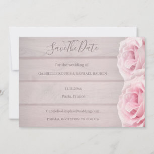 Rustic Wood Real Pink Roses Save The Date Wedding Invitation