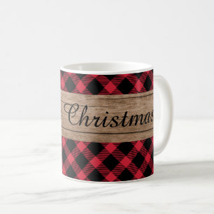 Rustic Wood Red and Black Buffalo Plaid  Christmas Coffee Mug