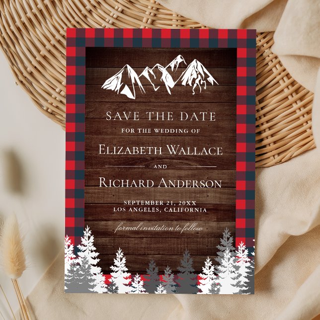 Rustic Wood Red Buffalo Plaid Mountain Wedding Save The Date (Creator Uploaded)