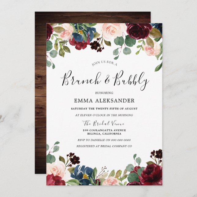 Rustic Wood Red Burgundy Floral Brunch & Bubbly Invitation (Front/Back)