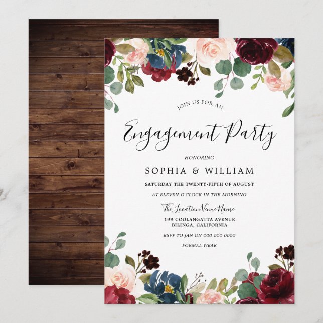 Rustic Wood Red Burgundy Floral Engagement Party Invitation (Front/Back)