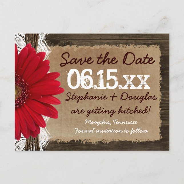 Rustic Wood Red Daisy Save the Date Postcards (Front)