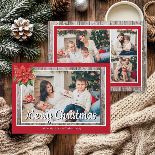 Rustic Wood Red Family 4 Photo Merry Christmas Holiday Card