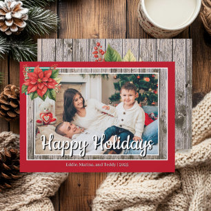 Rustic Wood Red Family Photo Happy Holidays Holiday Card