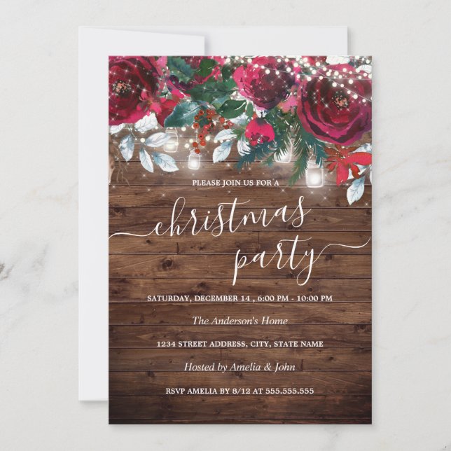 Rustic Wood Red Floral Lights Christmas Party Invi Invitation (Front)