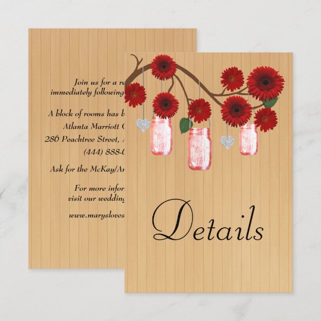 Rustic Wood Red Floral Mason Jar Wedding Details Enclosure Card (Front/Back)