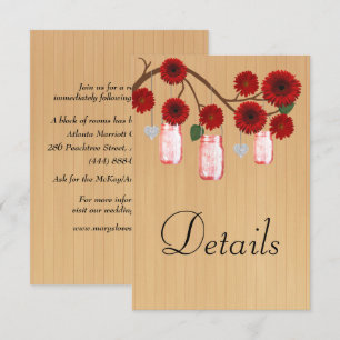 Rustic Wood Red Floral Mason Jar Wedding Details Enclosure Card