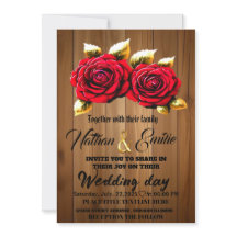 Rustic wood red flowers romantic wedding invitatio