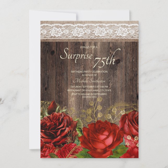 Rustic Wood Red Gold Flowers Burlap Surprise 75th Invitation (Front)