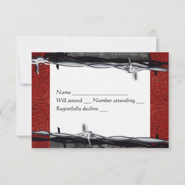 Rustic Wood Red Leather Barbed Wire Cowboy rsvp (Front)