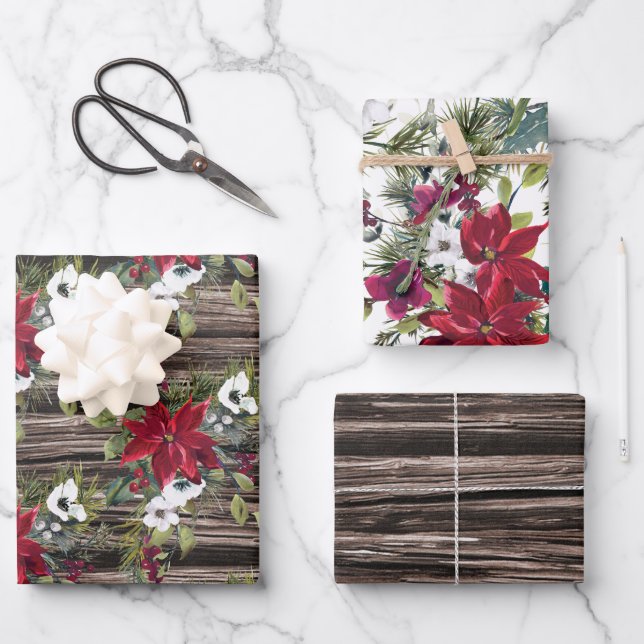 Rustic Wood Red Poinsettias Pine Needles Christmas Wrapping Paper Sheet (Front)