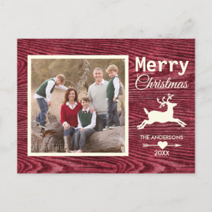 Rustic Wood Red Reindeer Christmas Family Photo Holiday Postcard