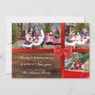 Rustic Wood & Red Ribbon 3 Photo Christmas Collage Holiday Card