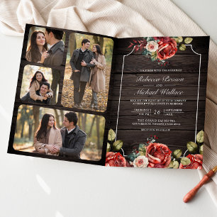 Rustic Wood Red Roses Floral Frame QR Code Wedding Invitation