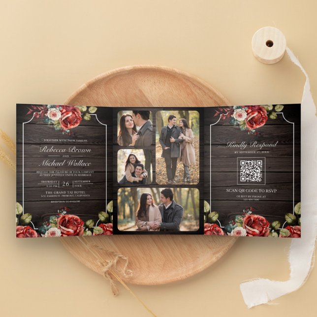 Rustic Wood Red Roses Floral Frame QR Code Wedding Tri-Fold Invitation (Creator Uploaded)