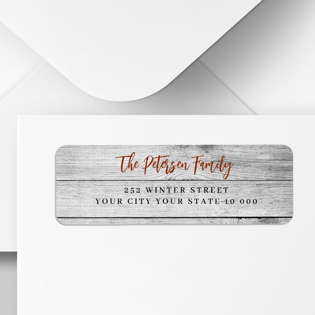 Rustic wood red script Christmas return address  Label (Creator Uploaded)