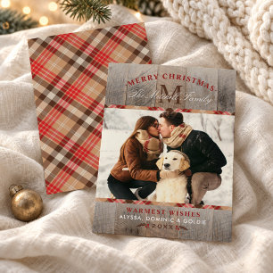 Rustic Wood Red Tartan Plaid Christmas Monogram Holiday Card