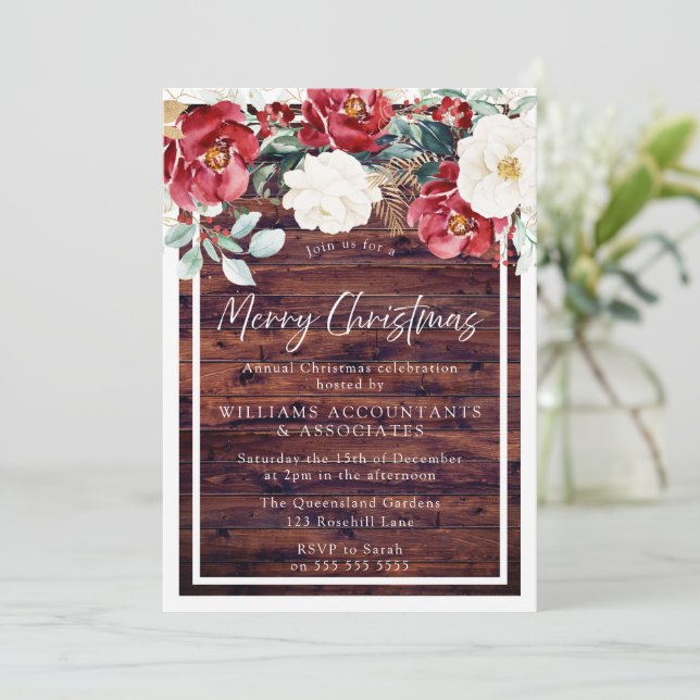 Rustic Wood Red White Floral Merry Christmas Party Invitation (Standing Front)