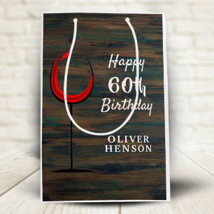 Rustic Wood Red Wine 60th Birthday Medium Gift Bag