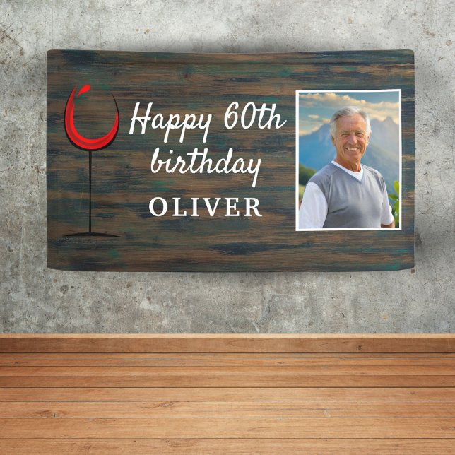 Rustic Wood Red Wine 60th Birthday Photo Backdrop Banner (Creator Uploaded)