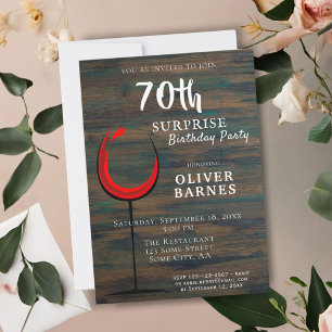 Rustic Wood Red Wine 70th Birthday Surprise Party Invitation