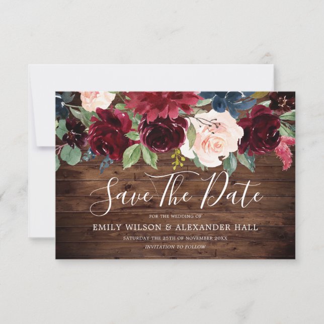 Rustic Wood Red Wine Burgundy Flowers Wedding Save The Date (Front)