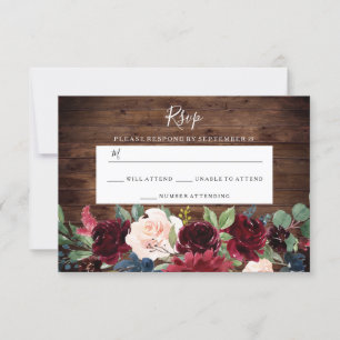 Rustic Wood Red Wine Burgundy Wedding RSVP Card