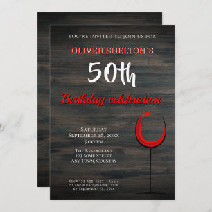 Rustic Wood Red Wine Glass 50th Birthday Party Invitation