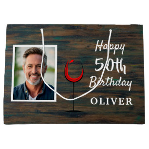 Rustic Wood Red Wine Glass 50th Birthday Photo Large Gift Bag