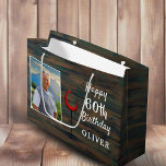 Rustic Wood Red Wine Glass 60th Birthday Photo Large Gift Bag<br><div class="desc">Rustic Wood Red Wine Glass 60th Birthday Photo Large Gift Bag. Birthday bag with rustic dark wood background,  abstract glass with red wine and a custom photo. The text is in a trendy white script and is easily customisable.</div>