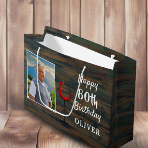 Rustic Wood Red Wine Glass 80th Birthday Photo Large Gift Bag