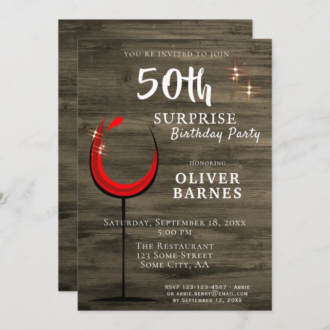 Rustic Wood Red Wine Surprise 50th Birthday Party Invitation (Front/Back)