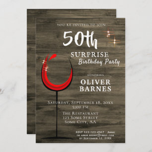 Rustic Wood Red Wine Surprise 50th Birthday Party Invitation