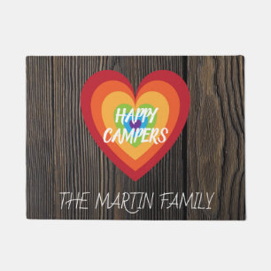 Rustic Wood Retro Rainbow Heart Happy Campers Doormat