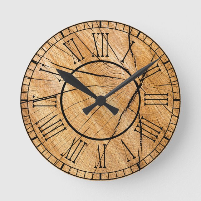 Rustic Wood  Roman Numeral Round Clock (Front)