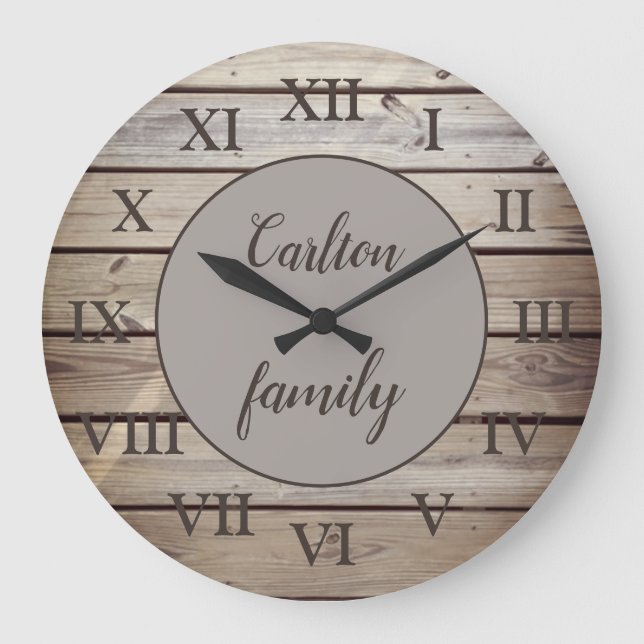 Rustic Wood Roman Numerals Family Name Custom Large Clock (Front)