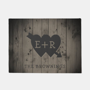 Rustic Wood Romantic Hearts Monogram Initials Doormat