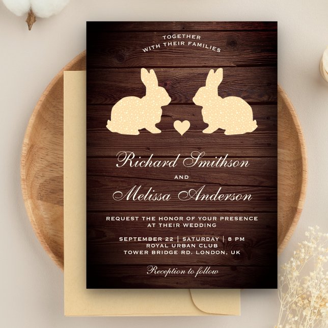 Rustic Wood Romantic Rabbits Wedding Invitation (Creator Uploaded)