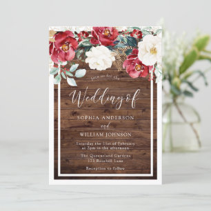 Rustic Wood Romantic Red Floral Wedding Invitation