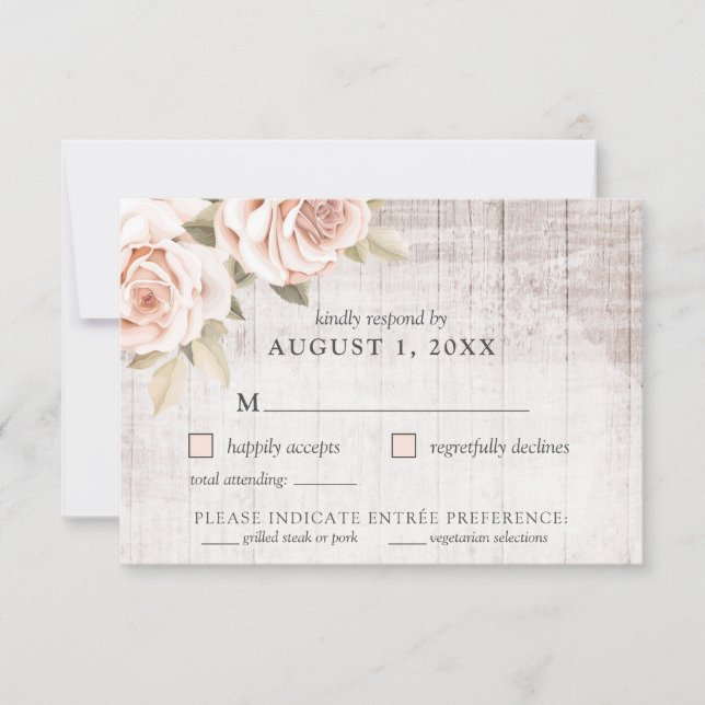Rustic Wood & Romantic Roses Shabby Chic RSVP Card (Front)